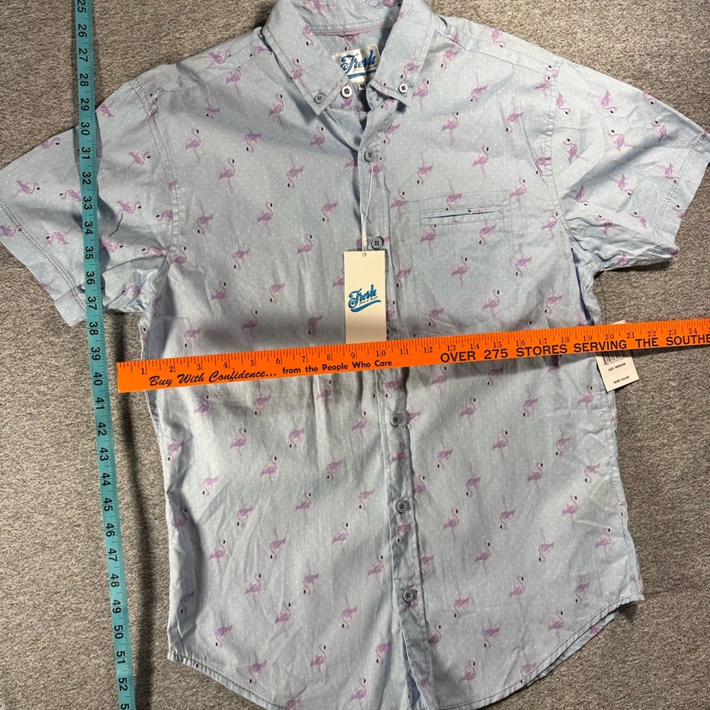 y Flamingo Print Light Blue Button-Down Shirt
